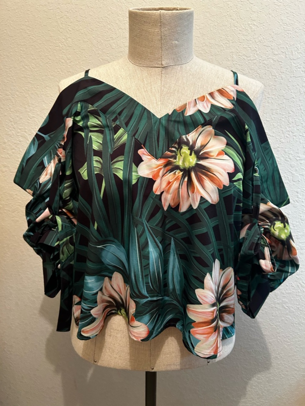 Tea n Cup Tropical Cold-Shoulder Blouse in Green and Peach